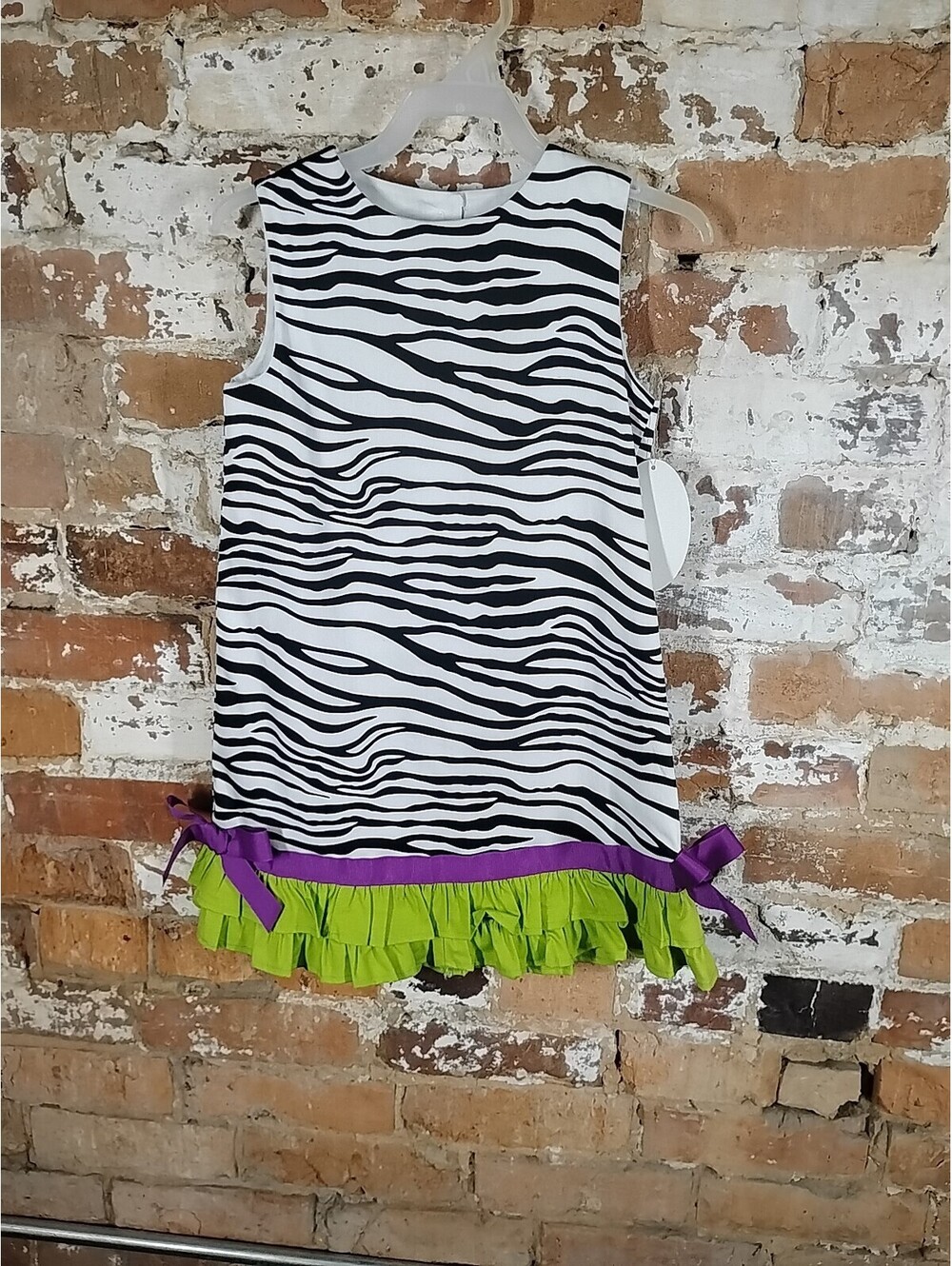 Mulberry Street Girls Sz 5 Zebra Stripe Purple Bow Lime Ruffle Dress NWT